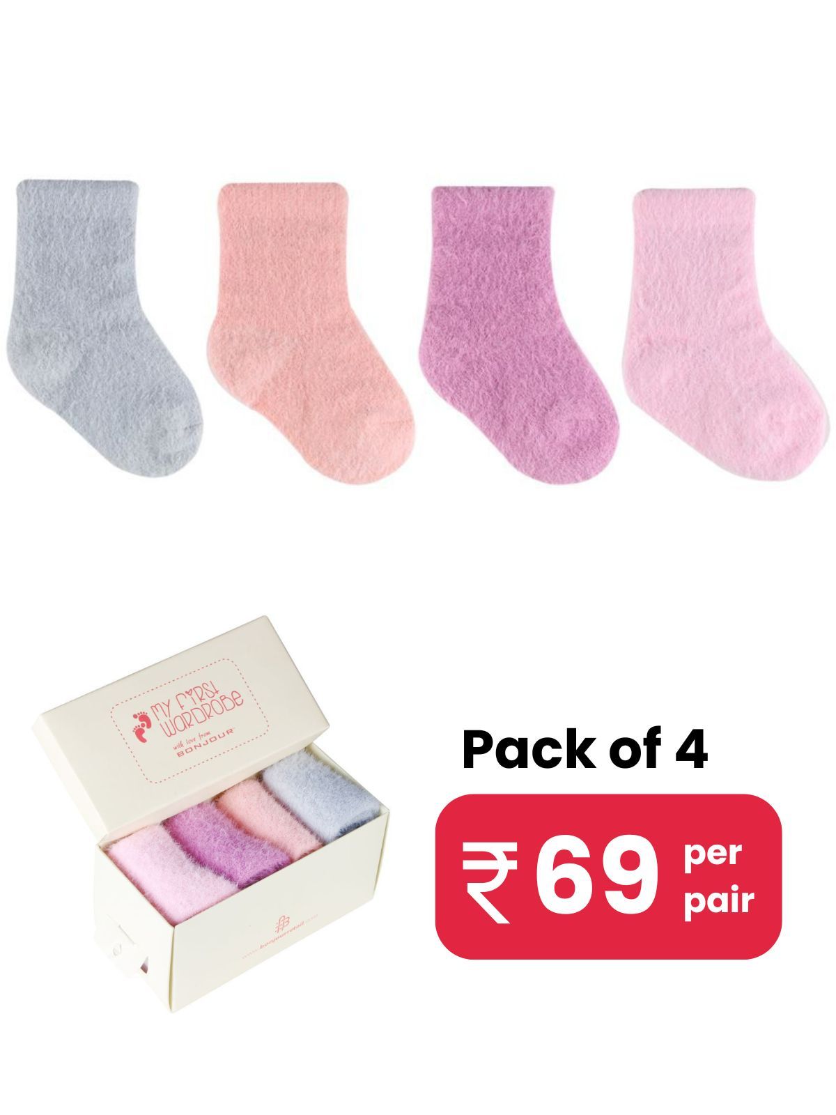     			Bonjour Baby Feather-Lite Fur Socks - Pack Of 4