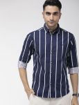 The Indian Garage Co Men Navy Blue & White Slim Fit Striped Casual Shirt