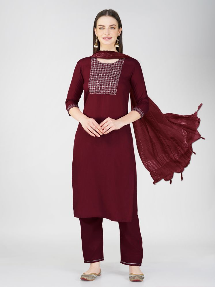     			SILK SUTRA Cotton Blend Embroidered Kurti With Pants Women's Stitched Salwar Suit - Maroon ( Pack of 1 )