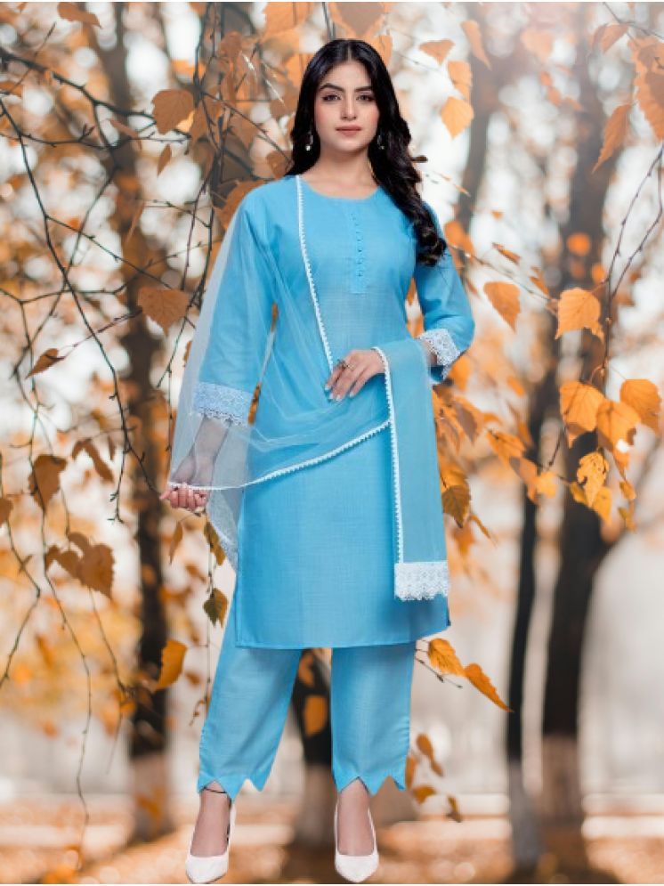     			bipinenterprise Pack of 1 Cotton Solid Straight Women's Kurti with Dupatta - ( Turquoise )