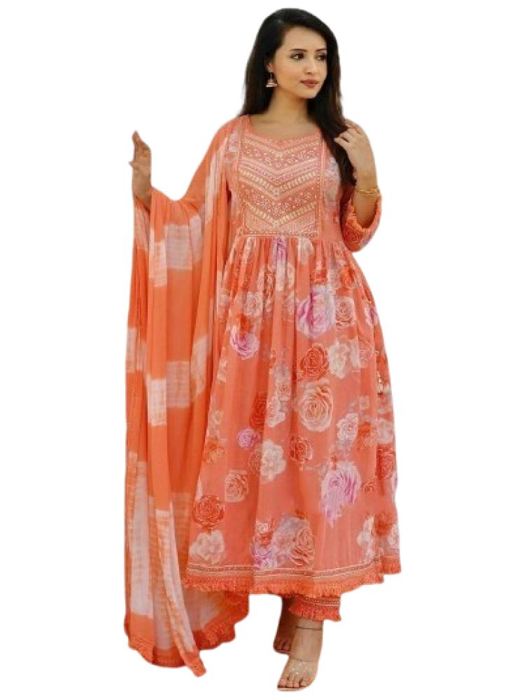     			HF WARD Cotton Printed Kurti With Pants Women's Stitched Salwar Suit - Orange ( Pack of 1 )