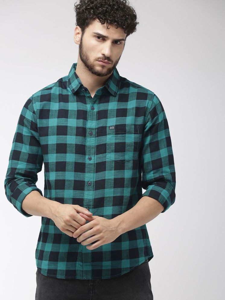     			The Indian Garage Co Men Teal Green & Navy Blue Regular Fit Checked Casual Shirt