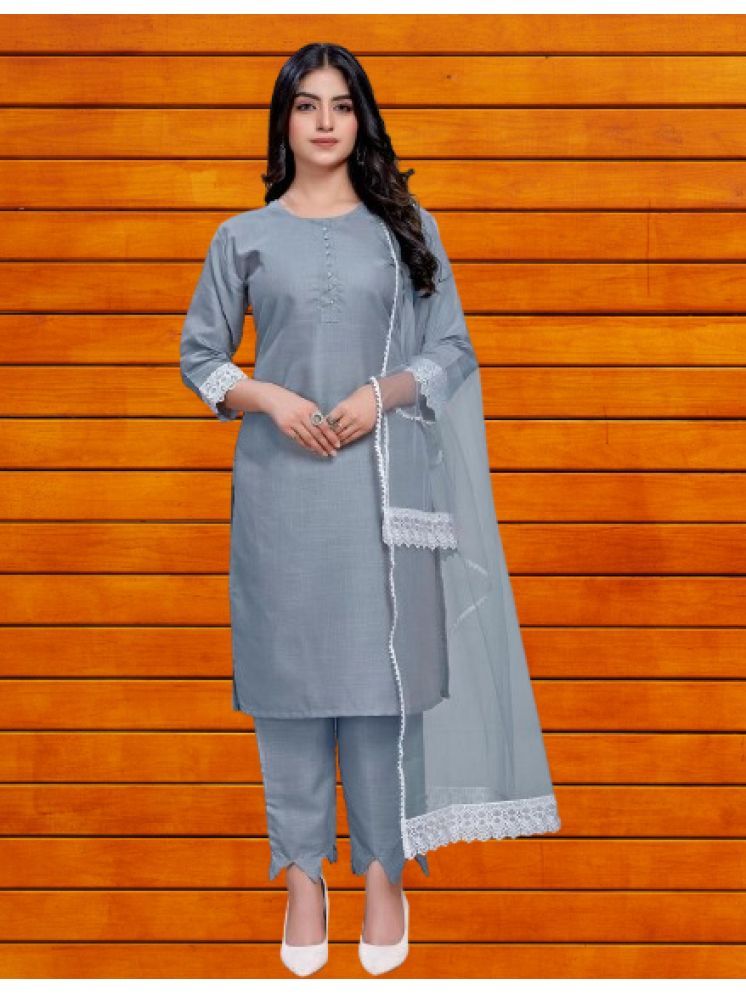     			bipinenterprise Cotton Self Design Kurti With Pants Women's Stitched Salwar Suit - Grey ( Pack of 1 )