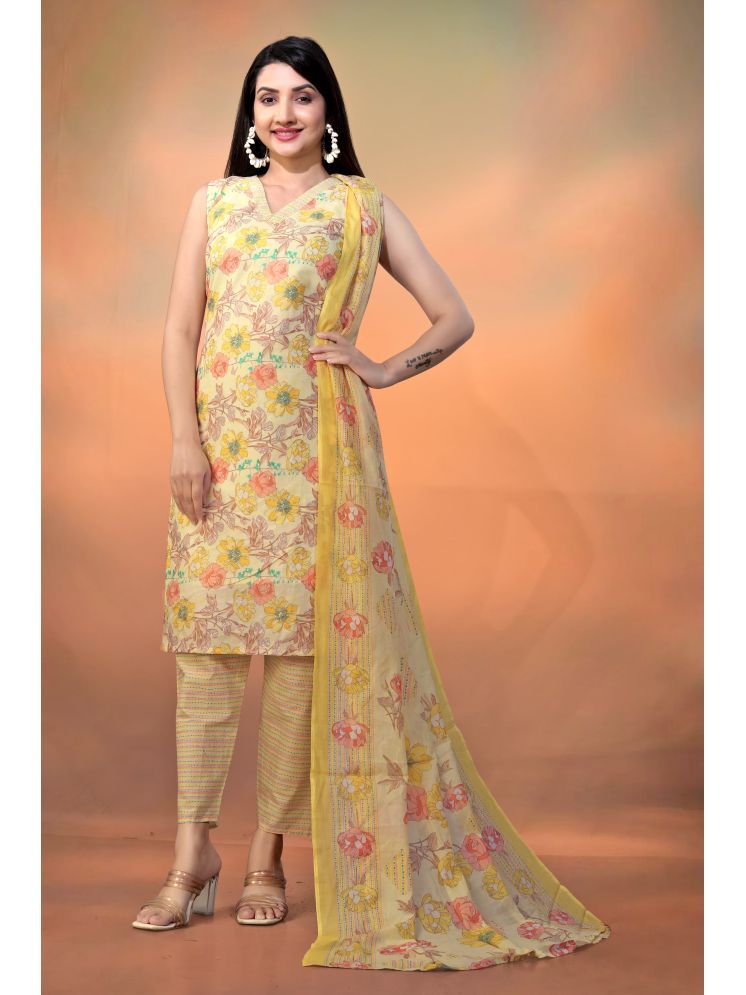     			Varni Fabrics Cotton Blend Printed Kurti With Pants Women's Stitched Salwar Suit - Yellow ( Pack of 1 )