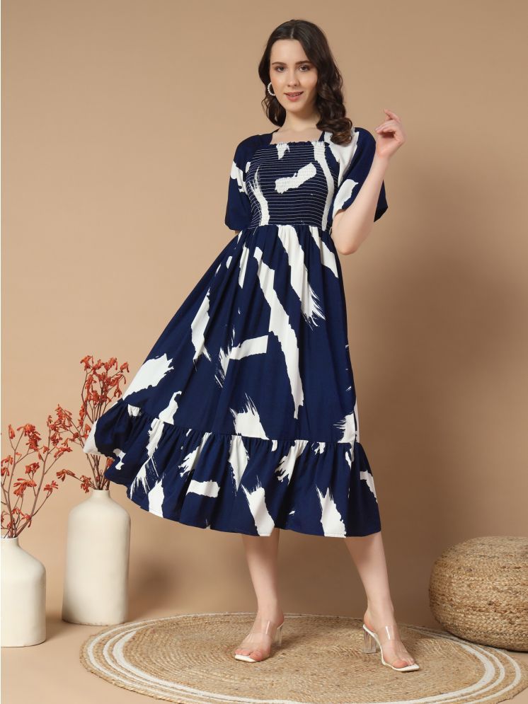     			JASH CREATION Polyester Printed Midi Women's Fit & Flare Dress - Navy ( Pack of 1 )