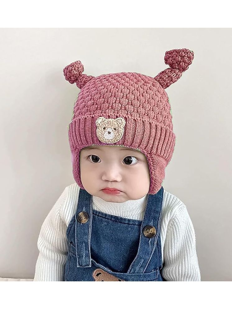     			Baby's Super Warm Winter Woolen Skull Beanie Cap | Bear Antler Baby Hat (Age: 2 Years to 5 Years) Pink Color