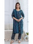 S & D Attire Cotton Printed Kurti With Pants Women's Stitched Salwar Suit - Blue ( Pack of 1 )