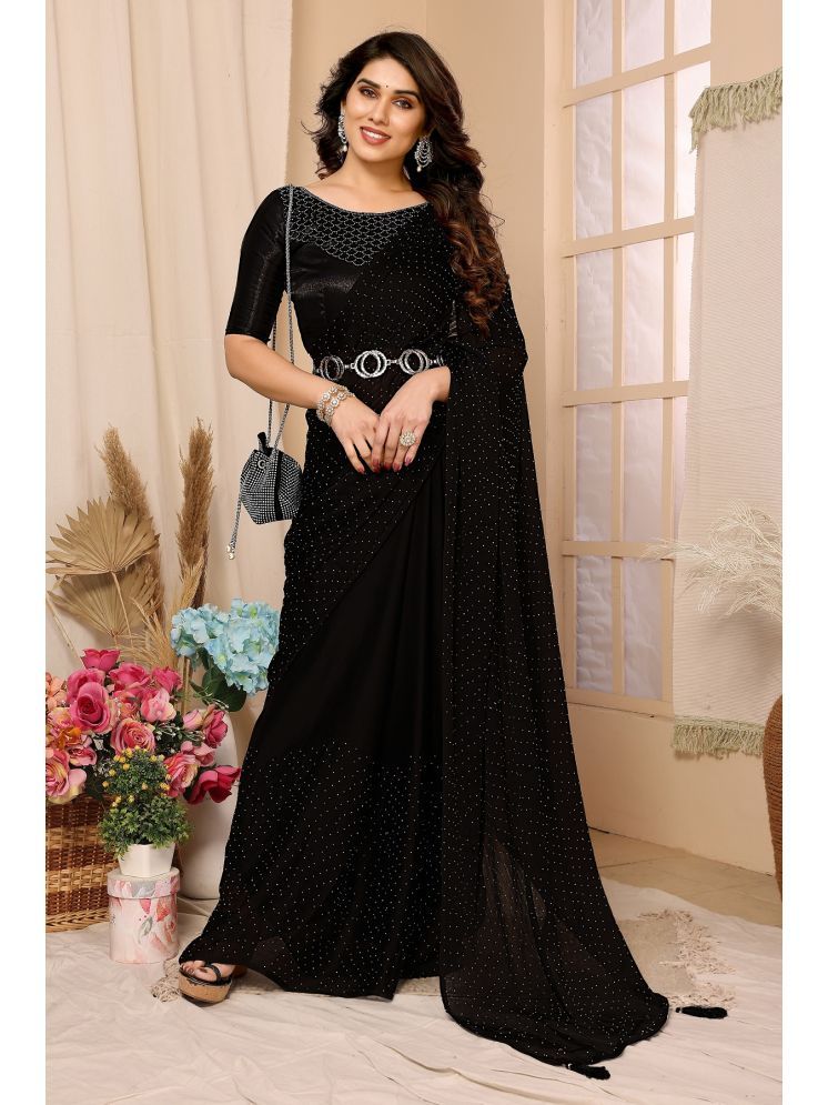     			Gazal Fashions Satin Embellished Saree With Blouse Piece - Black ( Pack of 1 )