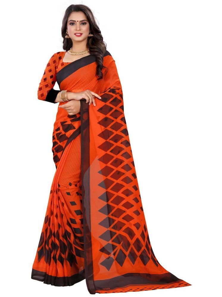     			INDIAN SILKS Georgette Printed Saree Without Blouse Piece - Orange ( Pack of 1 )