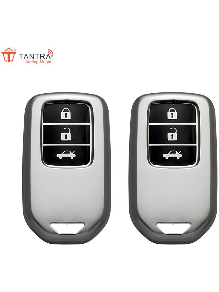     			TANTRA TPU Key Cover and Metal Keychain Compatible for Honda City, Civic, Jazz, Amaze, CR-V, BR-v, WR-V with 3 Button Smart Key (Grey Pack of 2)