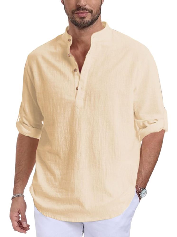     			UNI VIBE Beige Cotton Men's Shirt Style Kurta ( Pack of 1 )