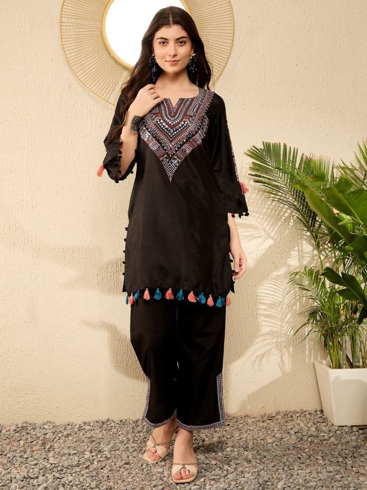     			Vaamsi Viscose Embroidered Kurti With Pants Women's Stitched Salwar Suit - Black ( Pack of 1 )