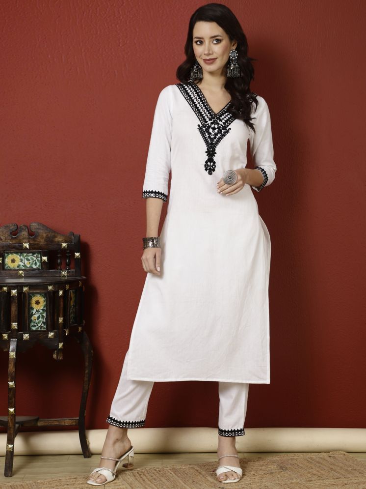     			Antaran Cotton Embroidered Kurti With Pants Women's Stitched Salwar Suit - White ( Pack of 1 )