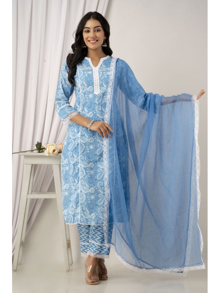     			Kohsh Cotton Printed Kurti With Pants Women's Stitched Salwar Suit - Blue ( Pack of 1 )