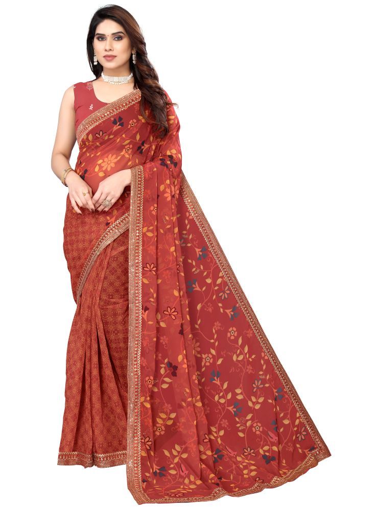     			Sidhidata Georgette Printed Saree With Blouse Piece - Brown ( Pack of 1 )