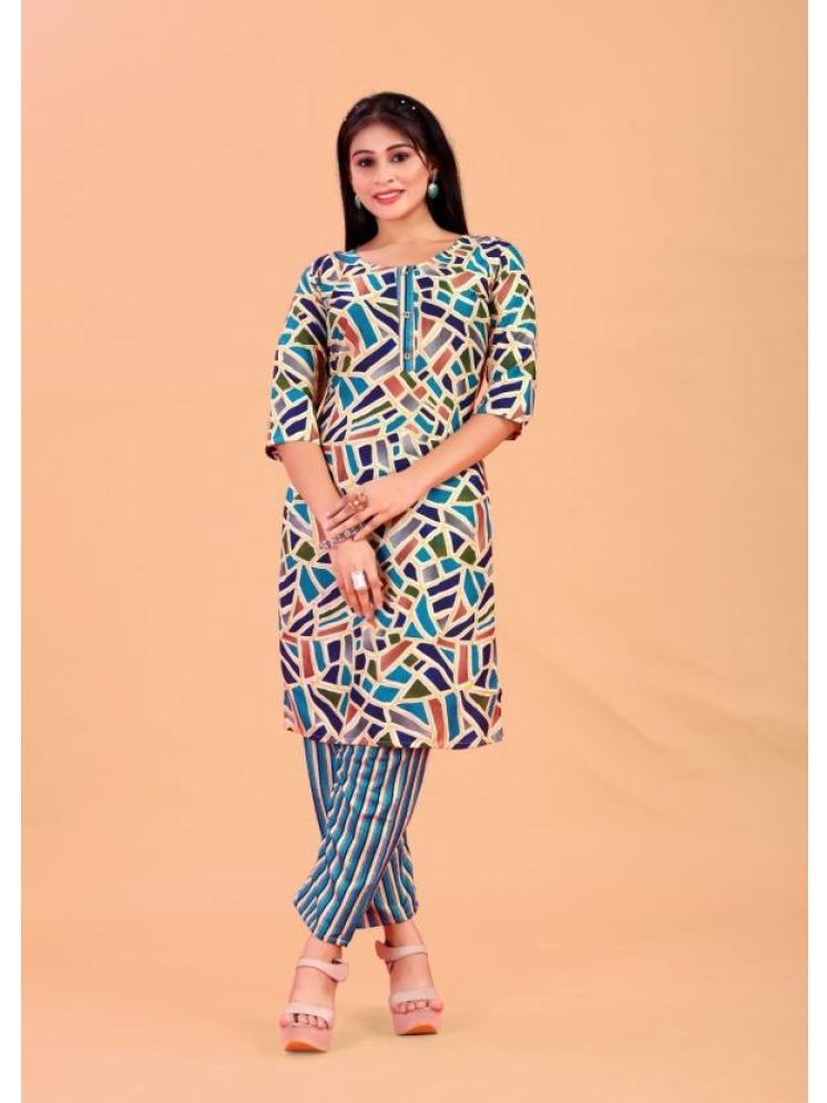     			THE PRIVATE LABLE Cotton Printed Kurti With Pants Women's Stitched Salwar Suit - Blue ( Pack of 1 )