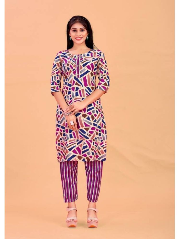     			THE PRIVATE LABLE Cotton Printed Kurti With Pants Women's Stitched Salwar Suit - Purple ( Pack of 1 )