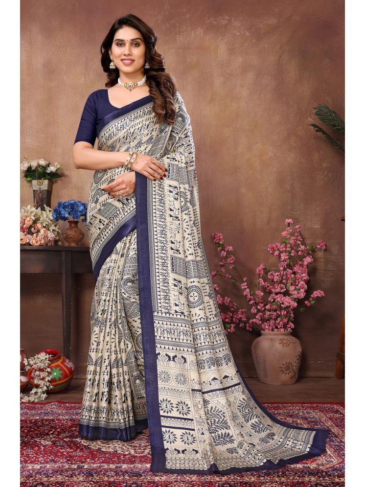     			Gazal Fashions Cotton Printed Saree With Blouse Piece - Blue ( Pack of 1 )