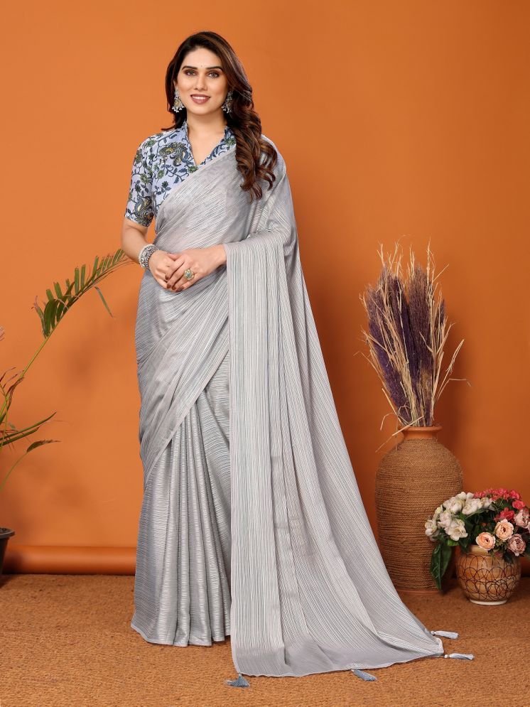     			Gazal Fashions Polyester Printed Saree With Blouse Piece - Grey ( Pack of 1 )