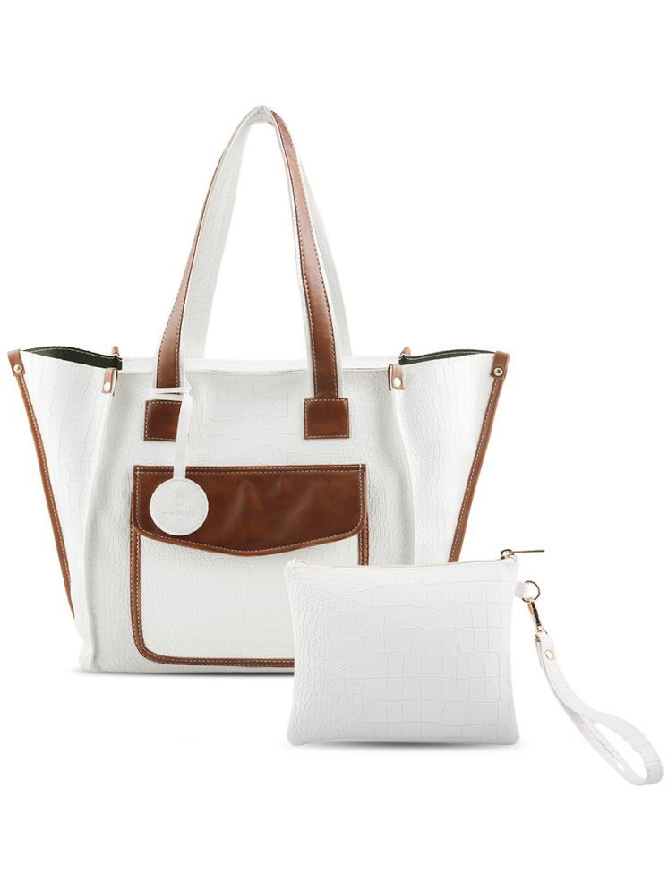     			P purseus White Faux Leather Tote Bag