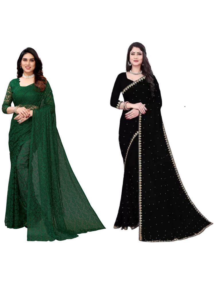     			Saadhvi Georgette Self Design Saree With Blouse Piece - Lime Green ( Pack of 2 )