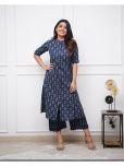 HILORY Cotton Printed Kurti With Pants Women's Stitched Salwar Suit - Navy Blue ( Pack of 1 )