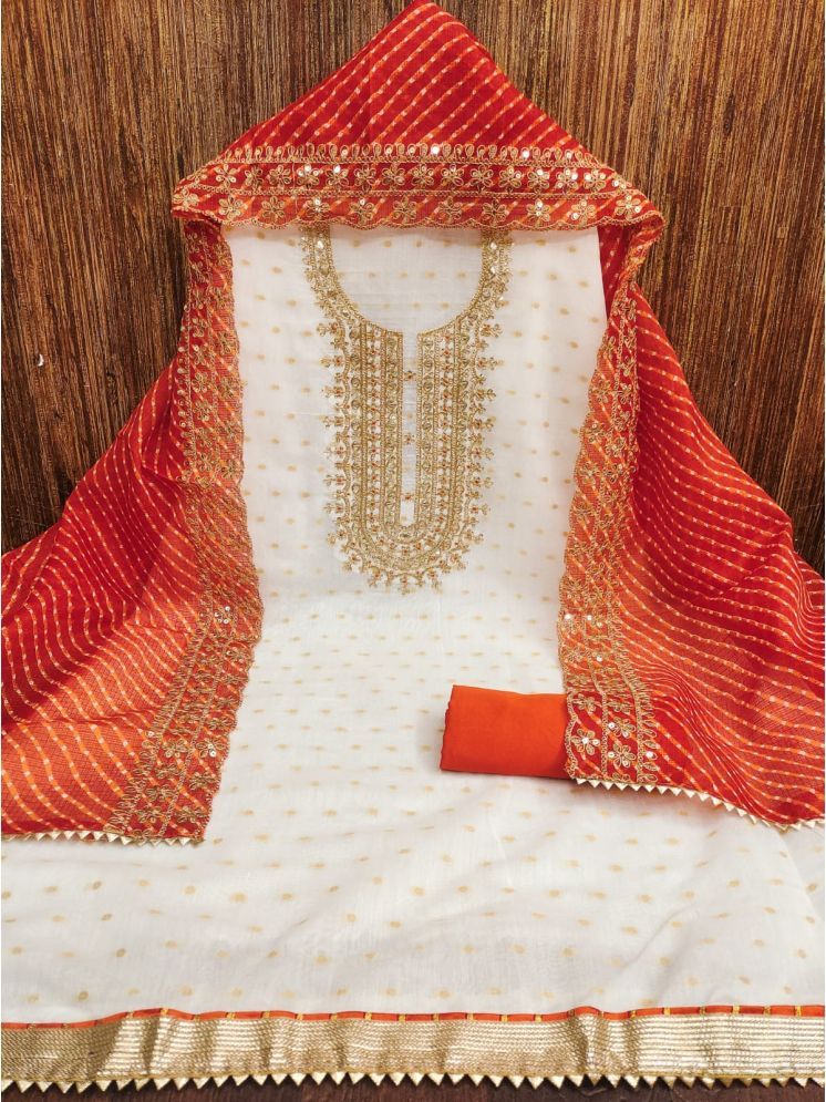     			ALSHOP Unstitched Chanderi Embellished Dress Material - White,Orange ( Pack of 1 )