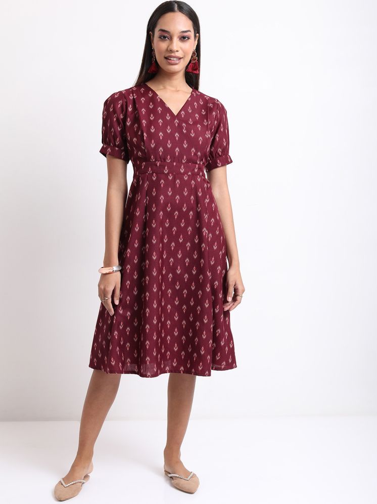     			Ketch Polyester Printed Midi Women's Fit & Flare Dress - Burgundy ( Pack of 1 )