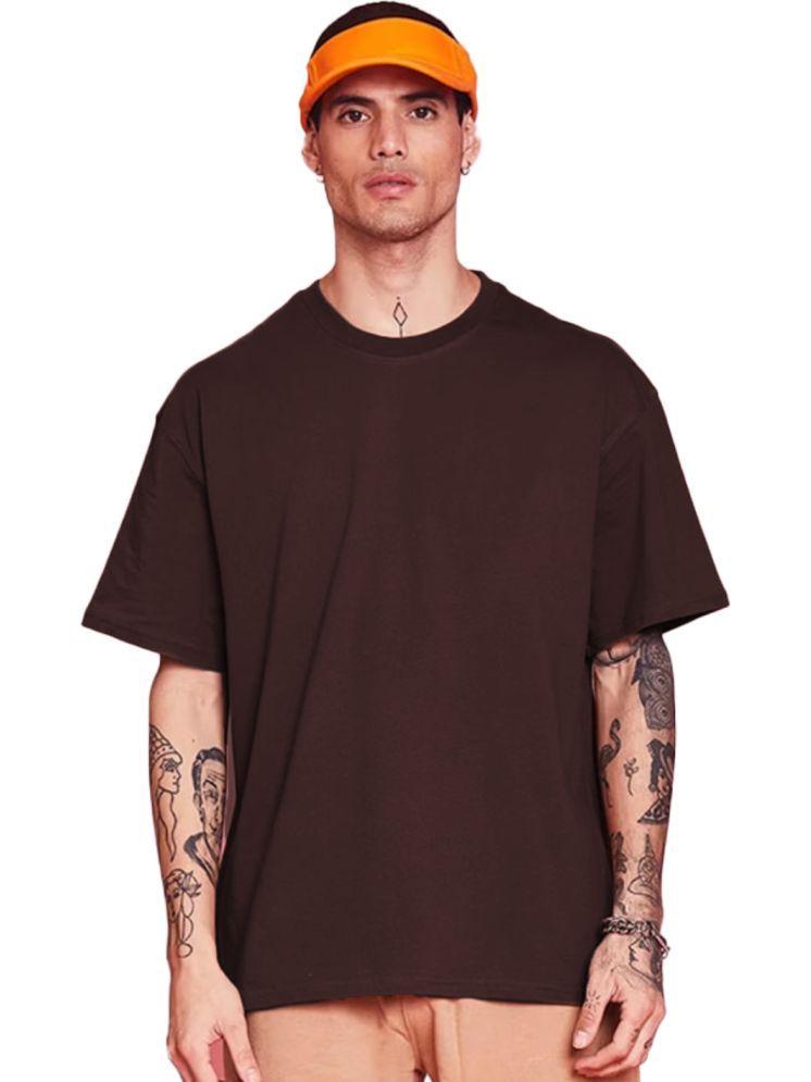     			Leotude Cotton Blend Oversized Fit Solid Half Sleeves Men's Round T-Shirt - Brown ( Pack of 1 )