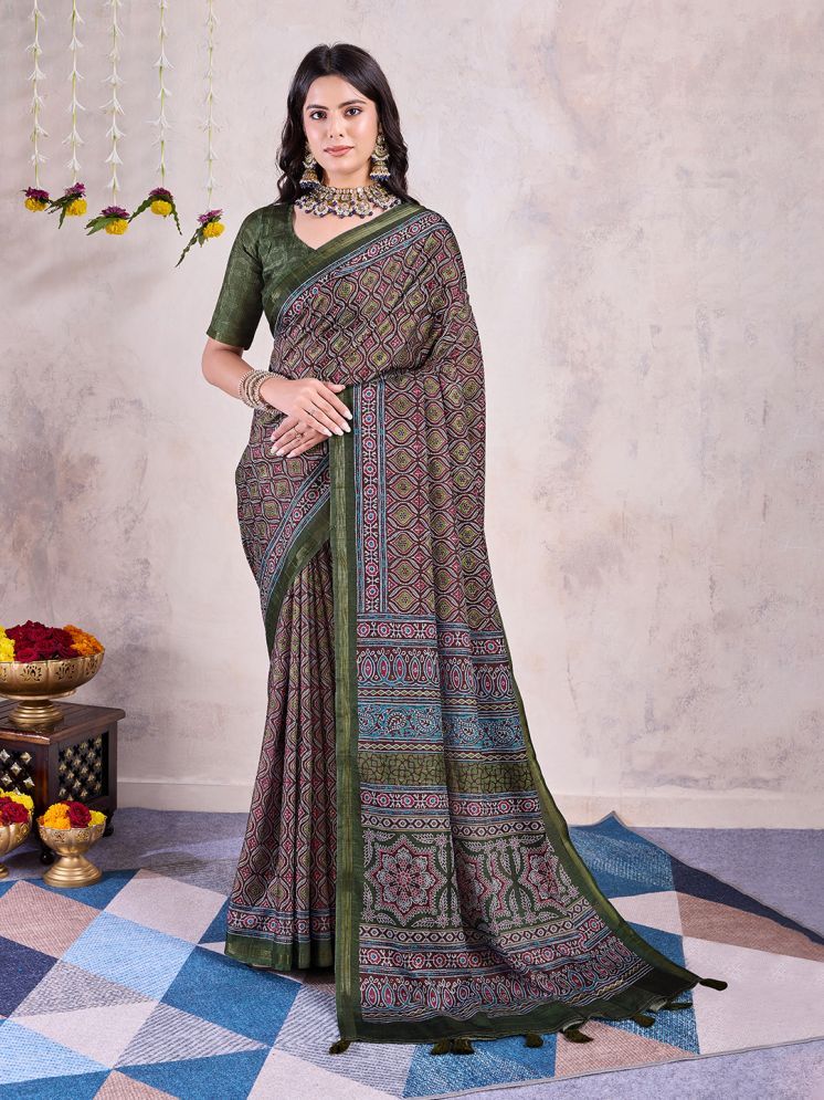     			Rekha Maniyar Silk Blend Printed Saree With Blouse Piece - Green ( Pack of 1 )