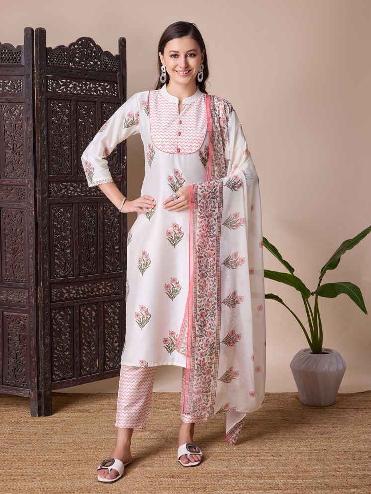     			SUAAC Silk Blend Printed Kurti With Pants Women's Stitched Salwar Suit - White ( Pack of 1 )