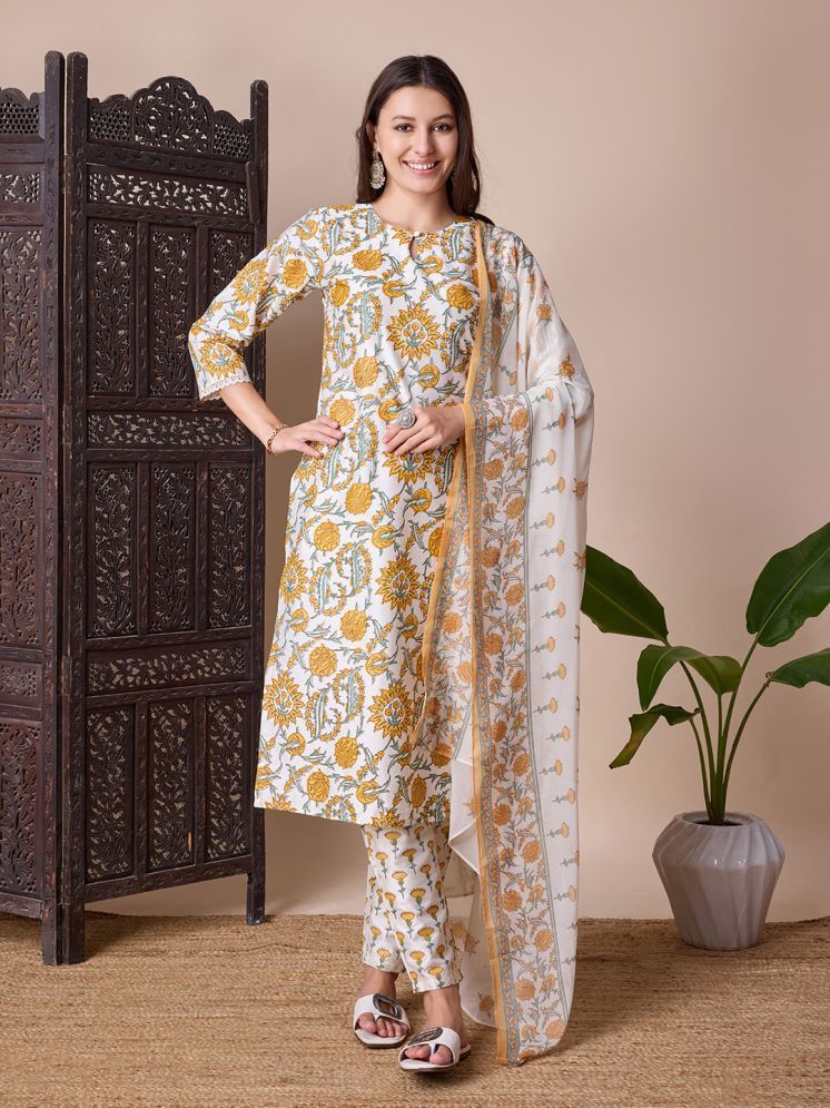     			SUAAC Silk Blend Printed Kurti With Pants Women's Stitched Salwar Suit - Yellow ( Pack of 1 )