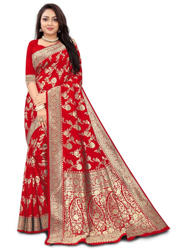     			kedar fab Jacquard Embellished Saree With Blouse Piece - Red ( Pack of 1 )