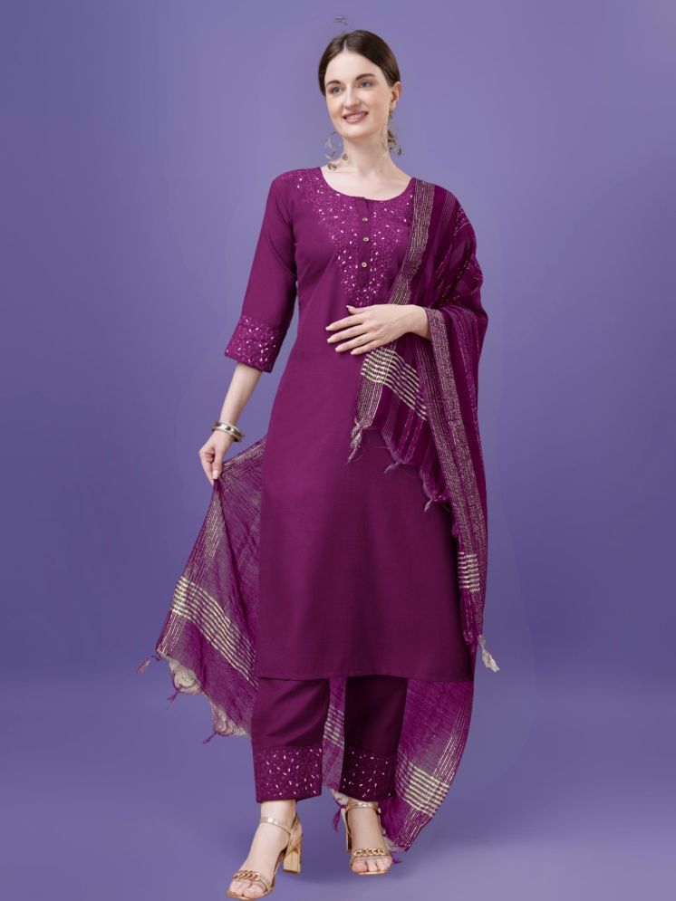     			magmina Cotton Blend Embellished Kurti With Palazzo Women's Stitched Salwar Suit - Purple ( Pack of 1 )