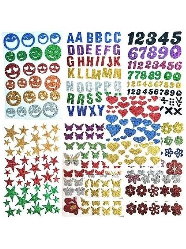     			Eclet Glitter Foam Self Adhesive Alphabets; Butterflies; Stars; Numeric; Hearts; Flowers and Smiley Mix Stickers for Art and Craft (Multicolour; Medium) -Set of 7 Sheets