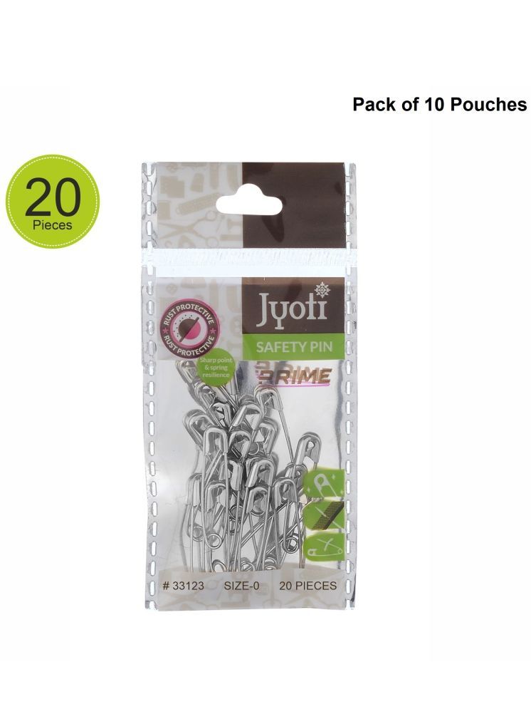     			Jyoti 33123 Safety Pins - Prime, Strong Nickel Plated Steel, Rust Resistant, Heavy Duty Variety Pack, Perfect for Clothes, Crafts, Sewing, Pinning (20x10-200 Pins of Size 0 in a Pouch) - Pack of 10 Pouches