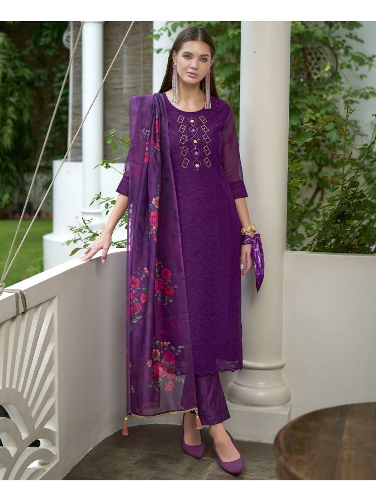     			MOJILAA Organza Embroidered Kurti With Pants Women's Stitched Salwar Suit - Purple ( Pack of 1 )