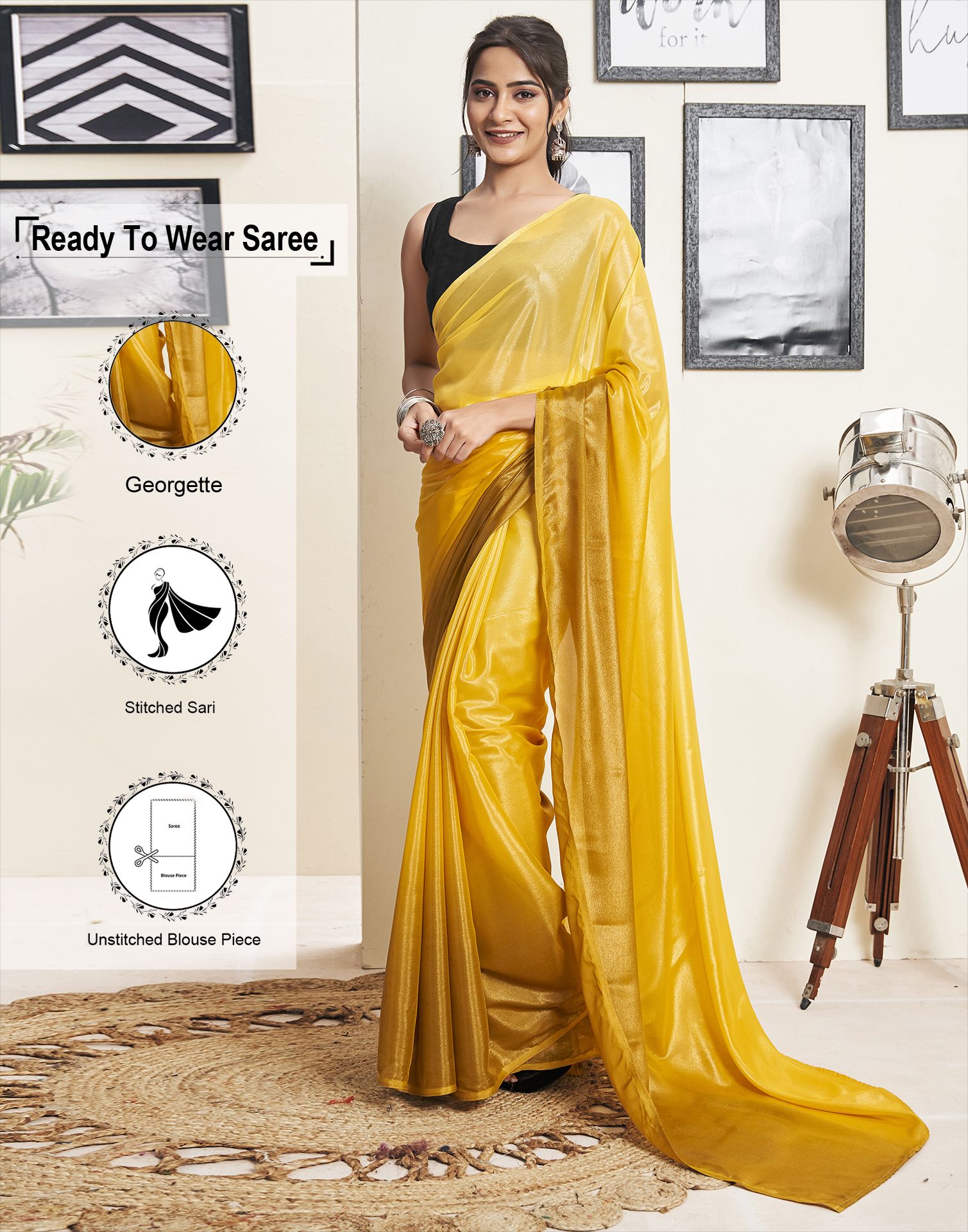     			Samah Georgette Solid Saree With Blouse Piece - Yellow ( Pack of 1 )