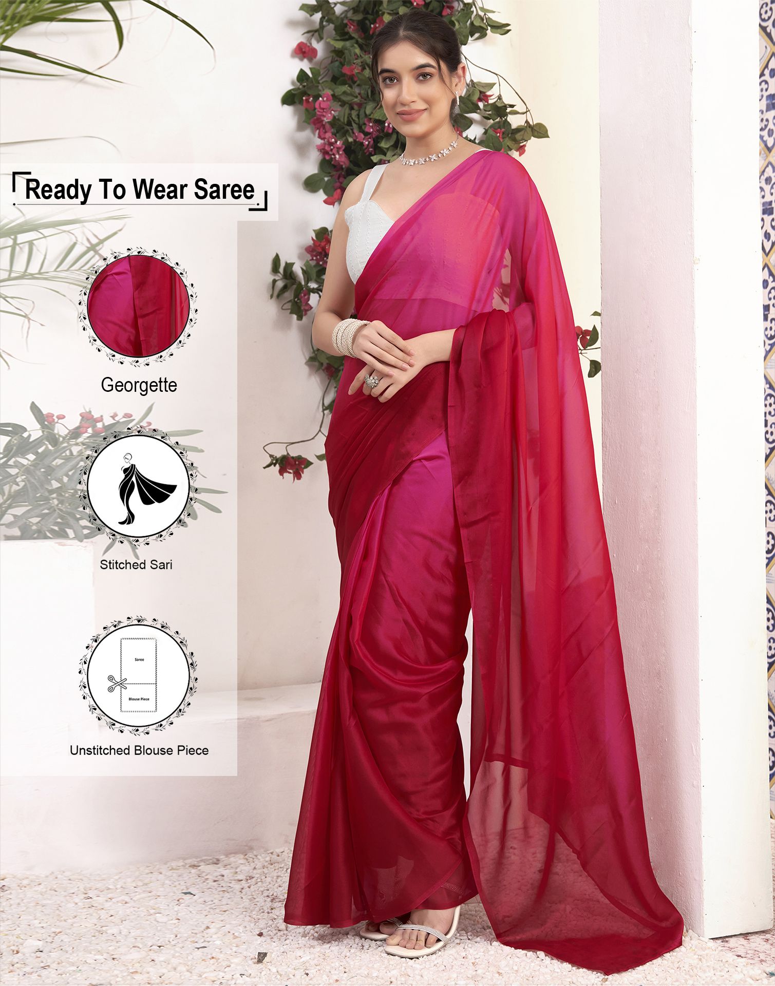     			Samah Georgette Solid Saree With Blouse Piece - Red ( Pack of 1 )