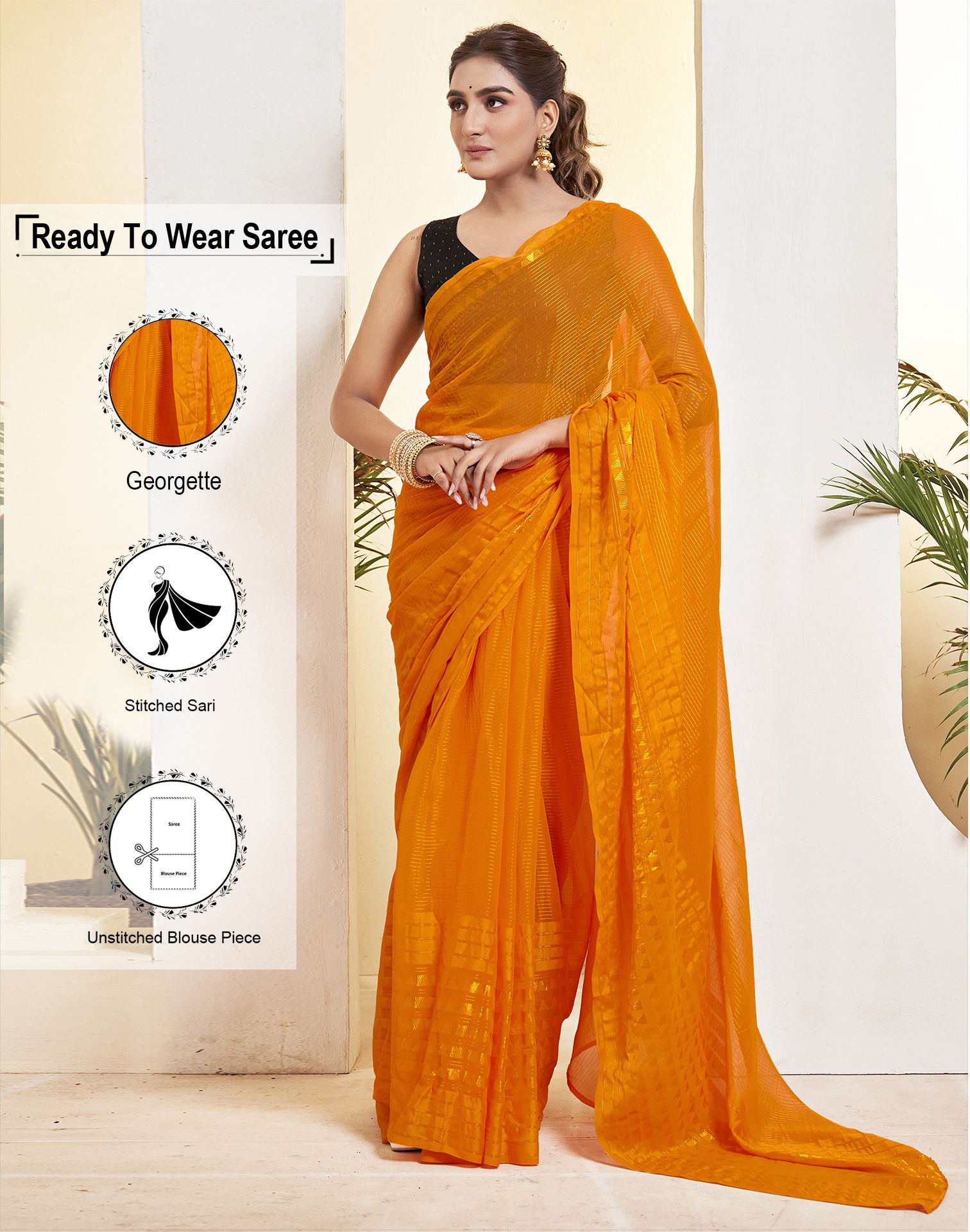     			Samah Georgette Striped Saree With Blouse Piece - Orange ( Pack of 1 )