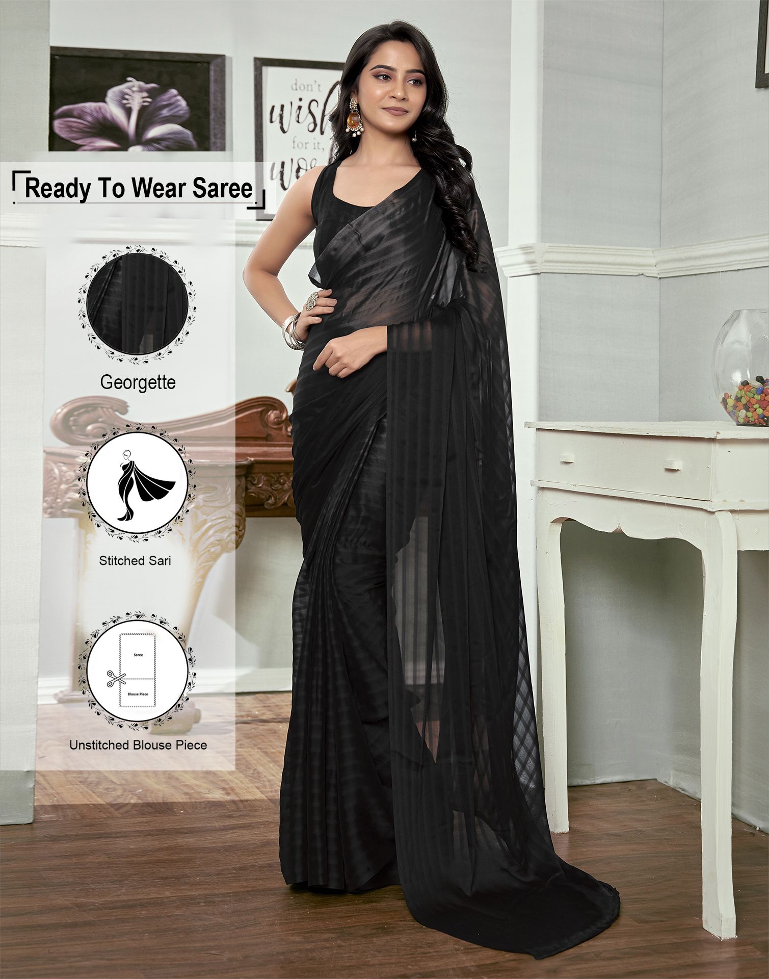     			Samah Georgette Striped Saree With Blouse Piece - Black ( Pack of 1 )