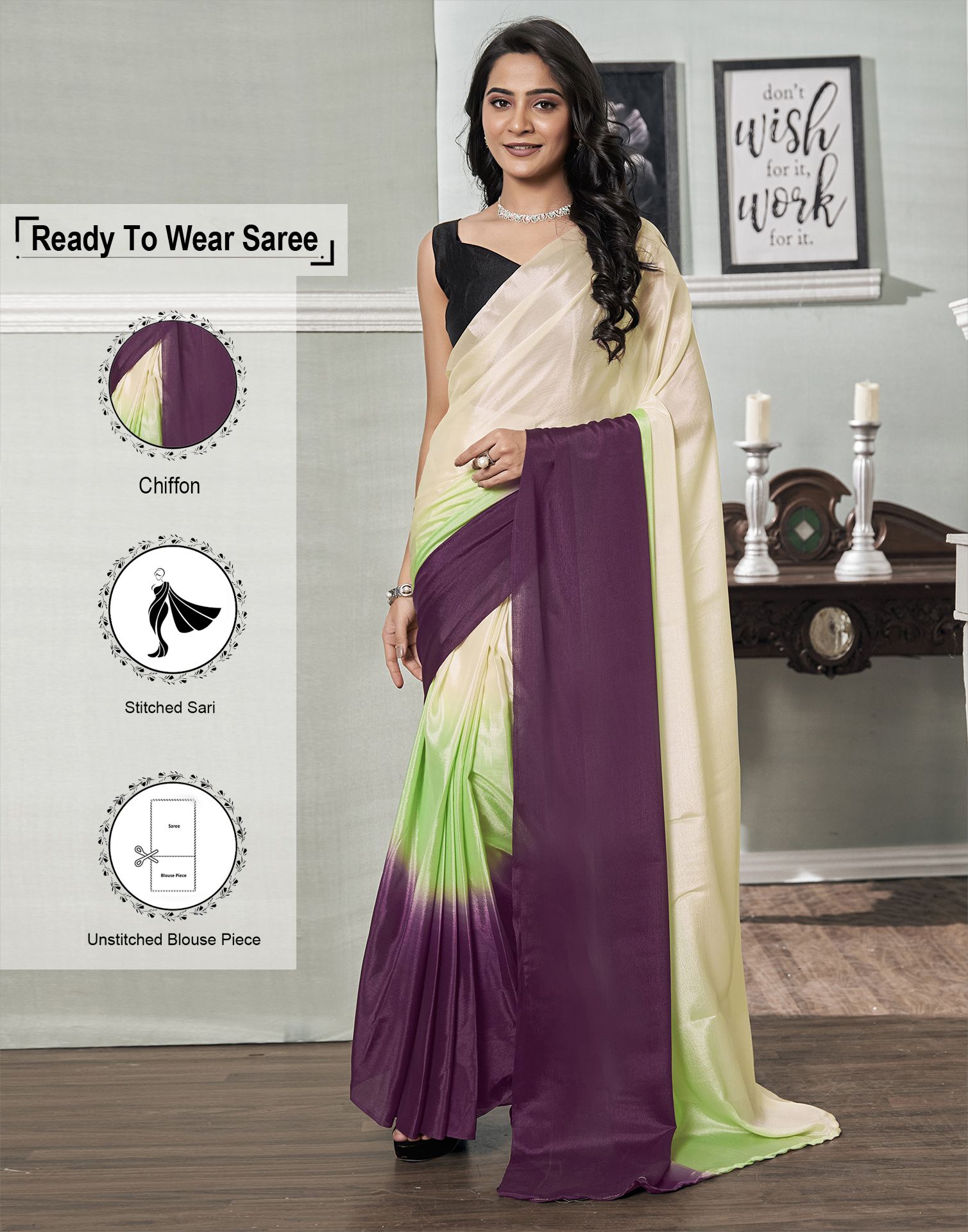     			Satrani Chiffon Solid Saree With Blouse Piece - Purple ( Pack of 1 )