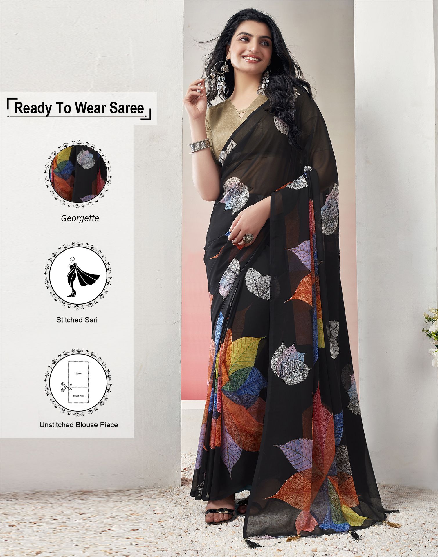     			Satrani Georgette Printed Saree With Blouse Piece - Black ( Pack of 1 )