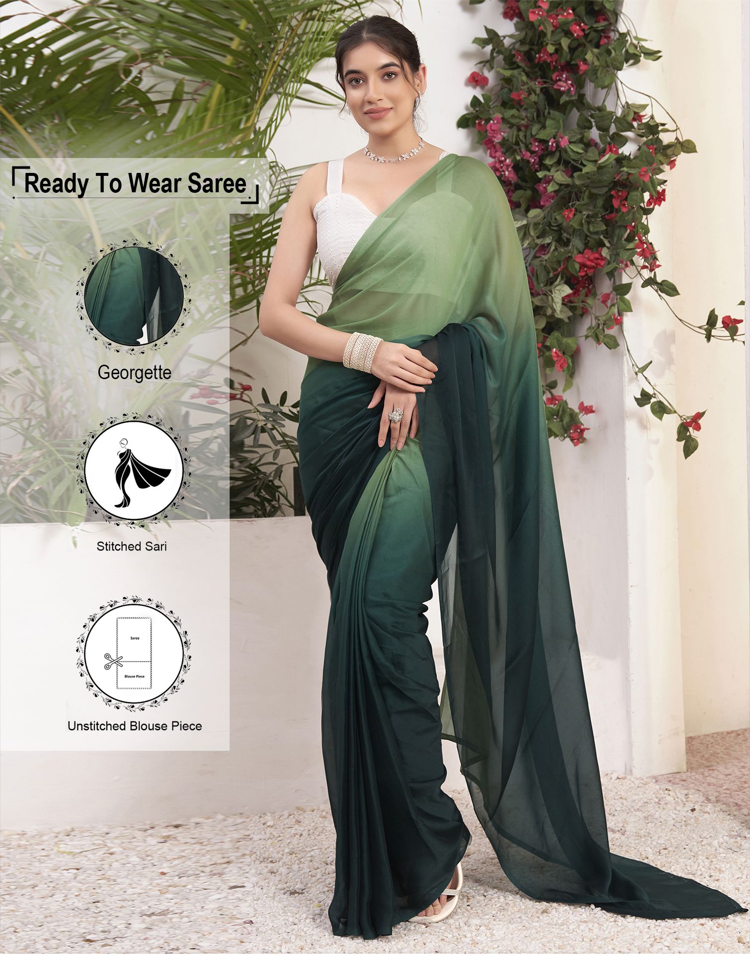     			Satrani Georgette Solid Saree With Blouse Piece - Green ( Pack of 1 )