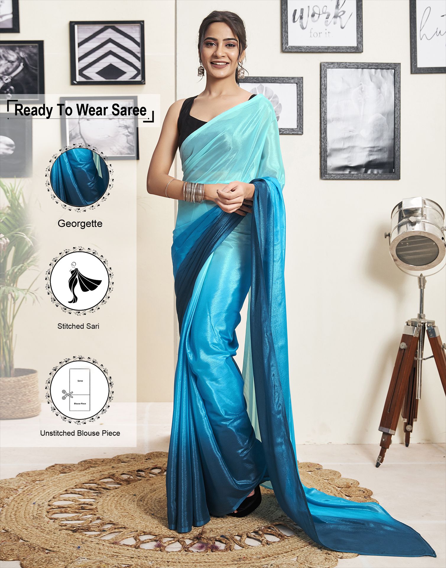     			Satrani Georgette Solid Saree With Blouse Piece - Teal ( Pack of 1 )