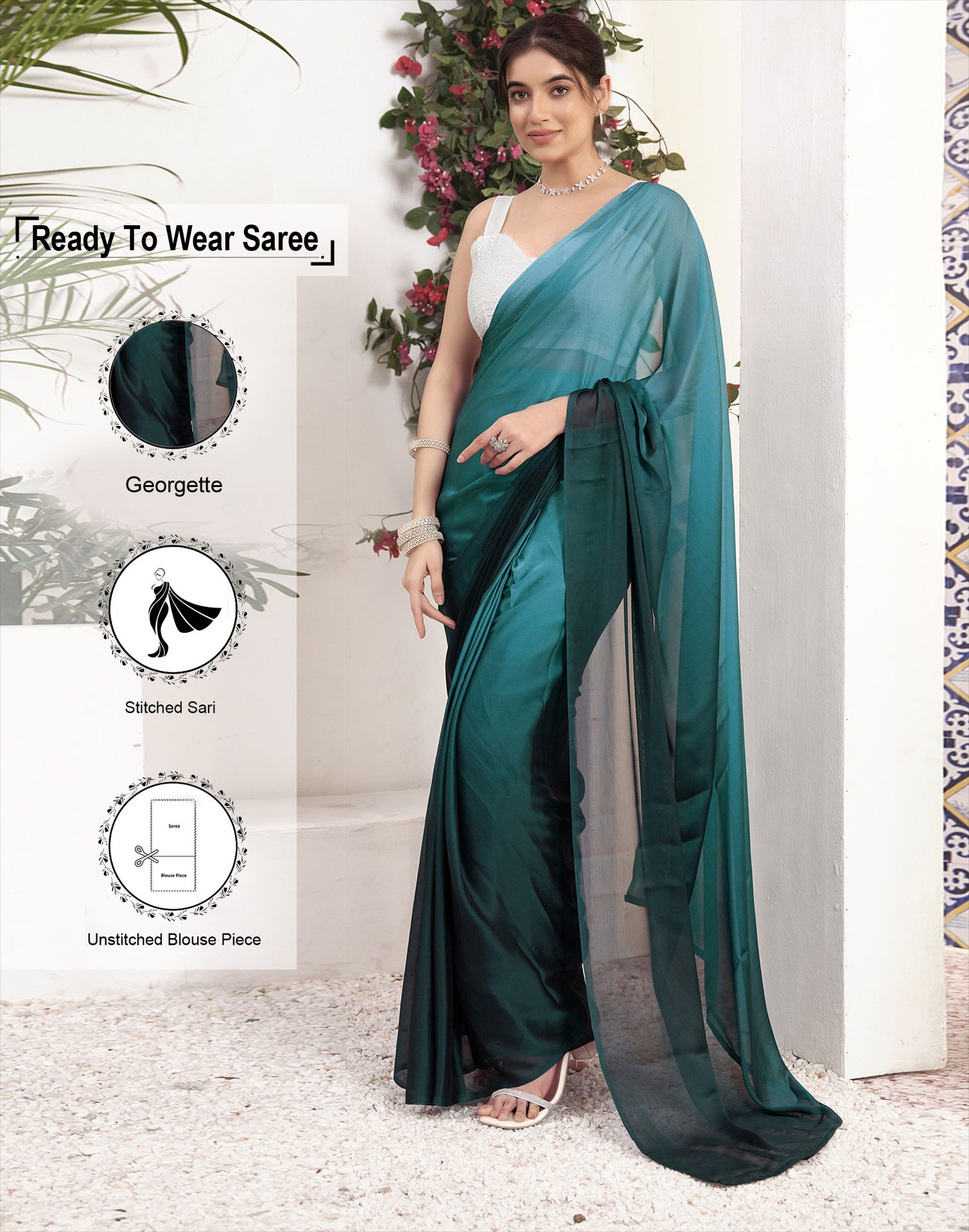     			Satrani Georgette Solid Saree With Blouse Piece - Green ( Pack of 1 )