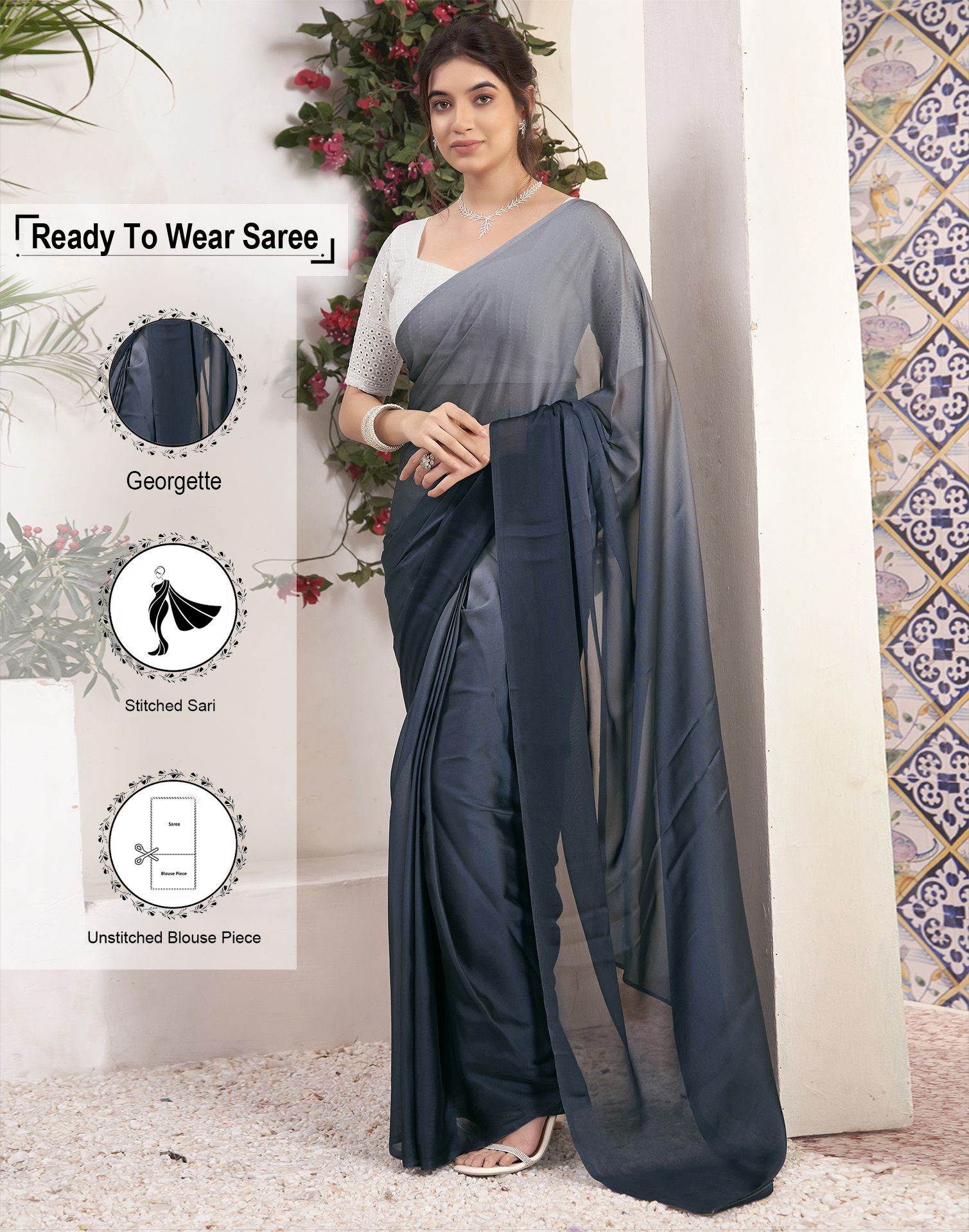     			Satrani Georgette Solid Saree With Blouse Piece - Blue ( Pack of 1 )