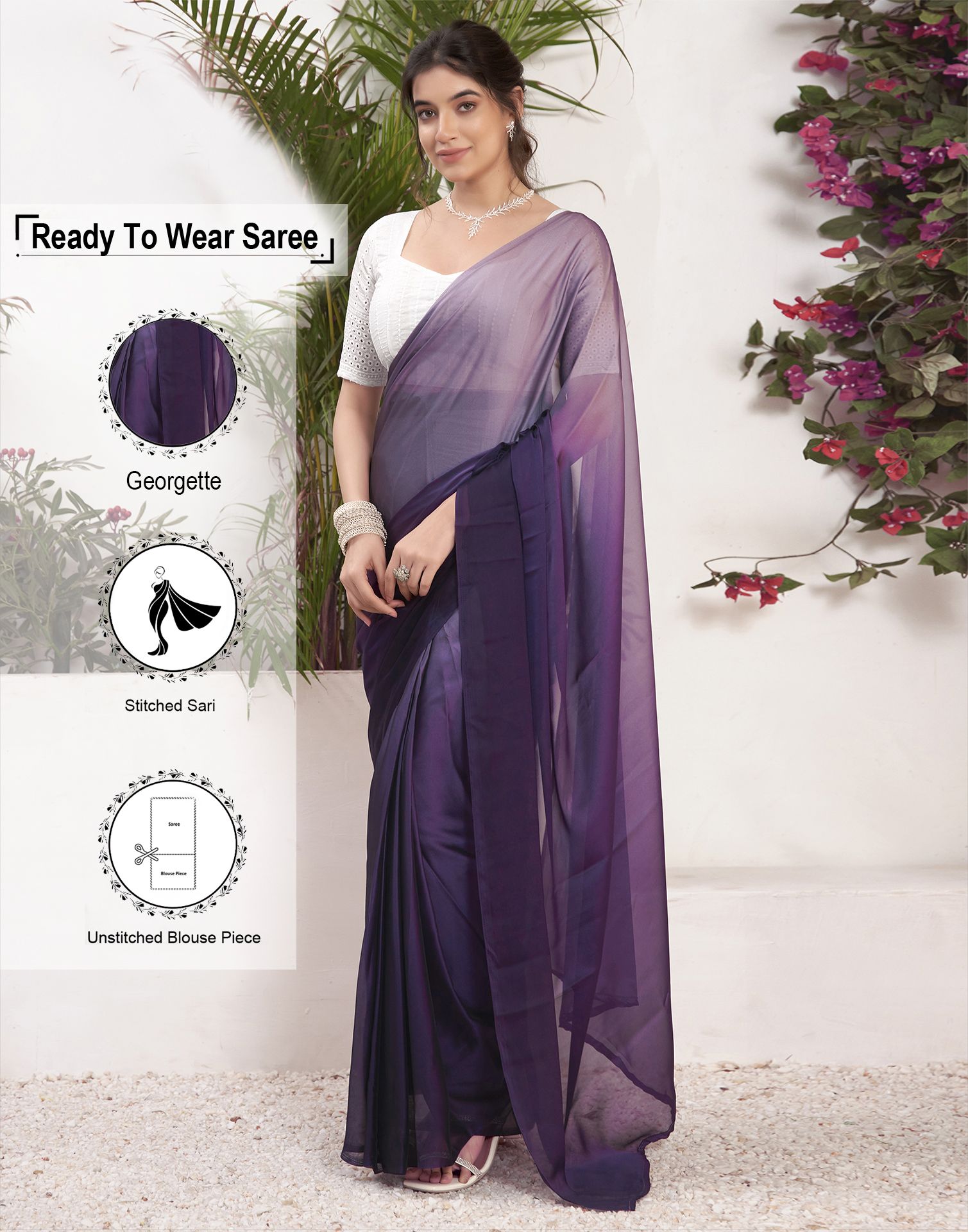     			Satrani Georgette Solid Saree With Blouse Piece - Purple ( Pack of 1 )