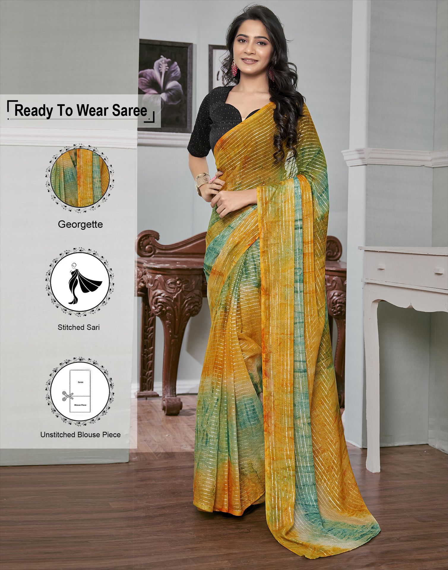     			Satrani Georgette Striped Saree With Blouse Piece - Yellow ( Pack of 1 )