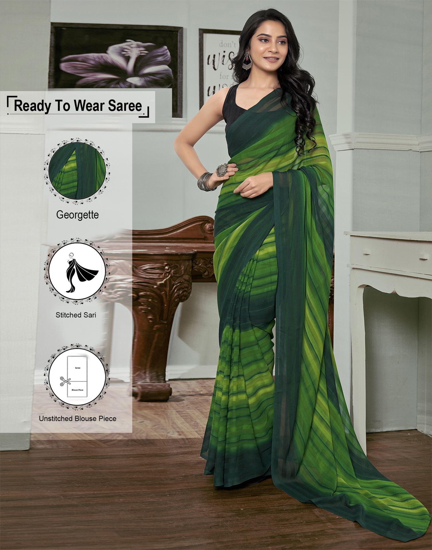     			Satrani Georgette Striped Saree With Blouse Piece - Green ( Pack of 1 )